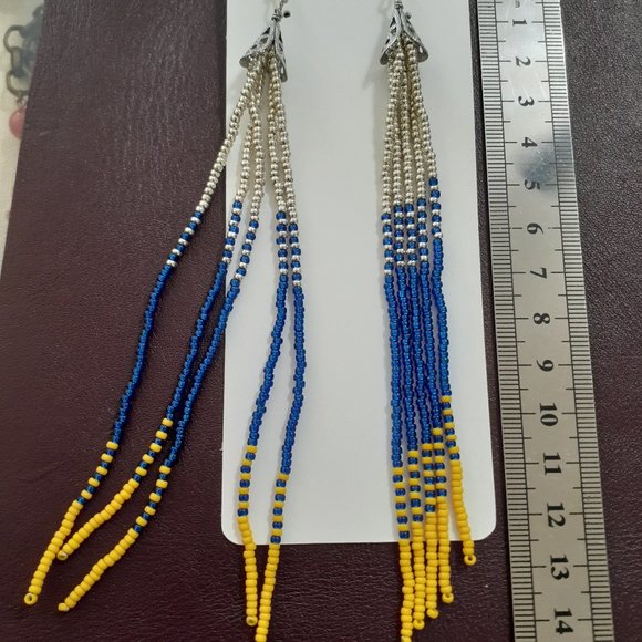 Boucles d'oreilles hypoallergéniques, jaune, bleu et argent, mini perle - Picture 2 of 3